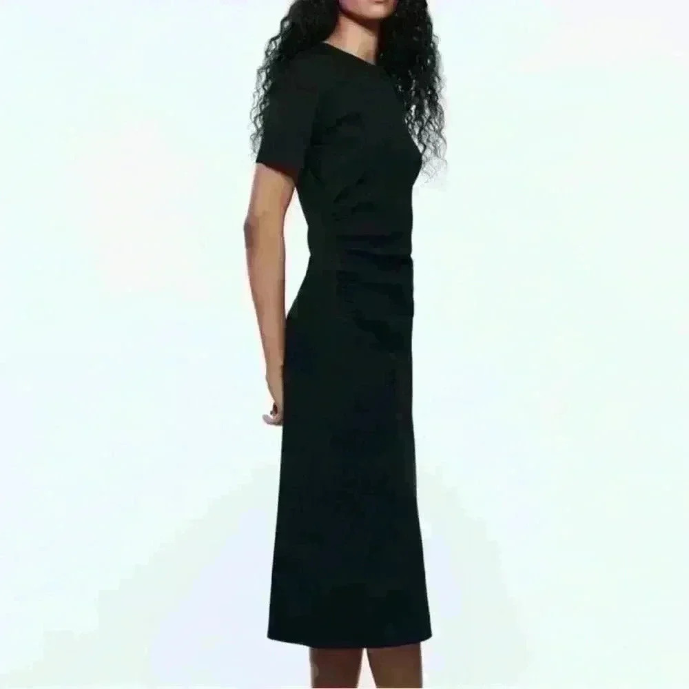 Zara Black Midi Short Sleeve Ruched Size small Women’s Dress